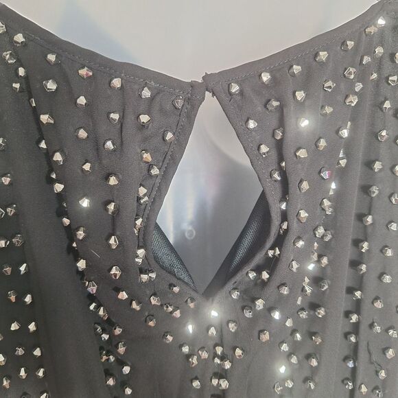 Black Mini Beaded Spaghetti Strap Dress Medium Goth Rock Punk Metal Slouchy Y2K - Picture 9 of 12